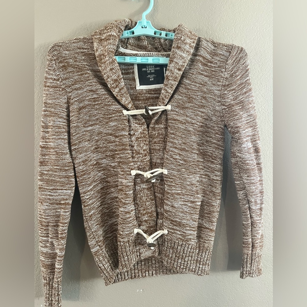 H&M L.O.G.G. Camel toggle Buttons Cotton Cardigan Sweater Grandpa Academia